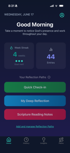 Notice God home screen with a morning greeting, weekly streak, and three colorful Reflection Paths