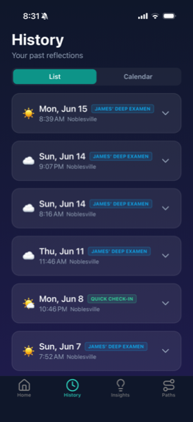 History screen listing past reflections with weather, time, and location for each entry