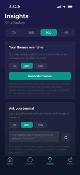 Insights tools: generate spiritual themes over time and ask your journal a question