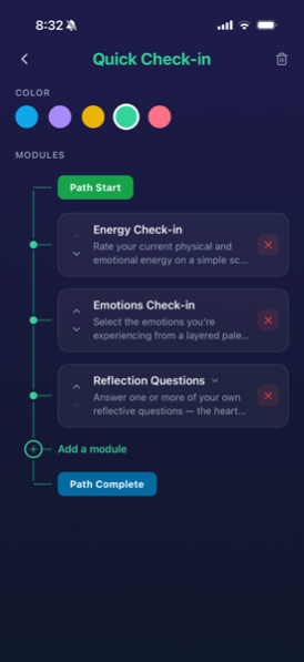Path editor showing a timeline of modules — Energy Check-in, Emotions Check-in, Reflection Questions — with color choices